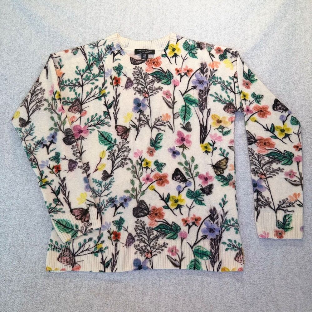 Saks Fifth Ave 100% Cashmere Floral Butterfly Sweater XS